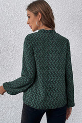 Green Geometric Print Notched Neck Long Sleeve Blouse