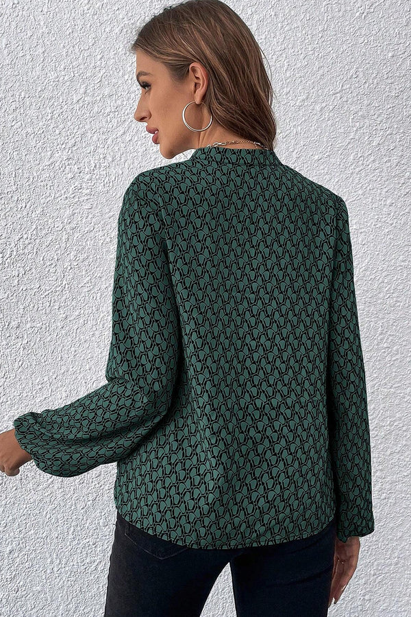 Green Geometric Print Notched Neck Long Sleeve Blouse