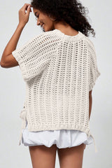 Black Plus Size Open Knit Bow Tie Short Sleeve Sweater