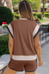 Coffee Color Block Loose Fit Top & Wide Leg Shorts Set