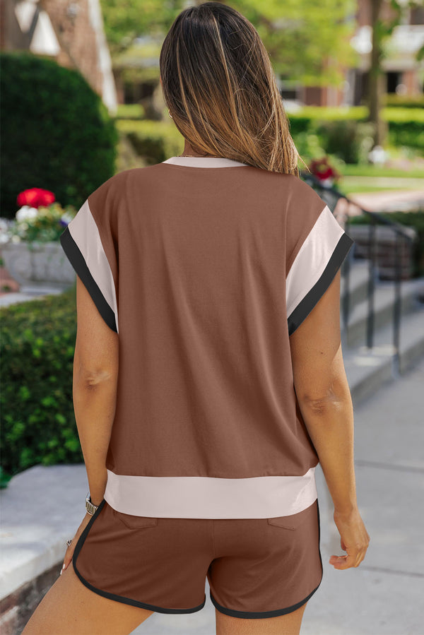 Coffee Color Block Loose Fit Top & Wide Leg Shorts Set