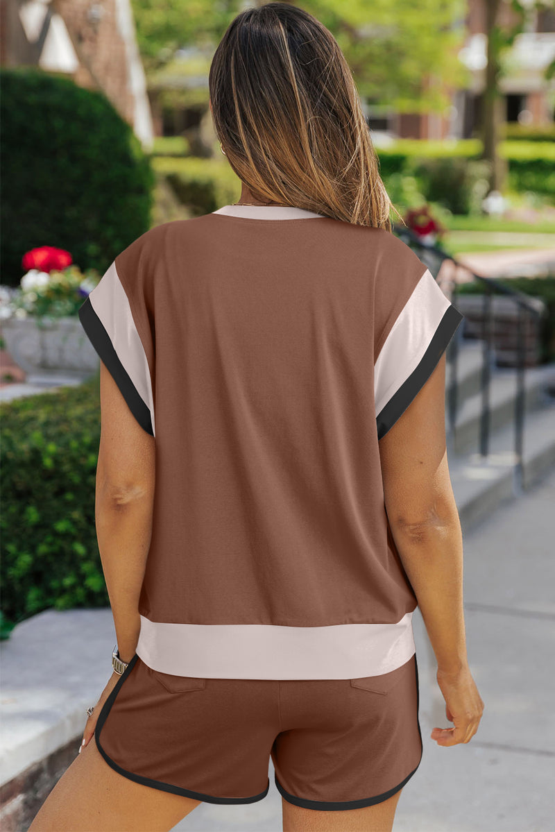Coffee Color Block Loose Fit Top & Wide Leg Shorts Set