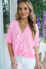 Black Stripe Short Sleeve Knit V Neck Bow Knot Sweater
