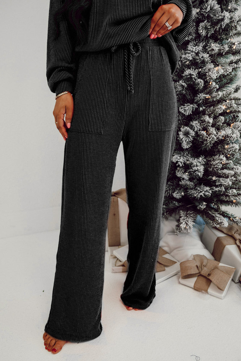 Black Crinkle Rib JOLLY Pattern Long Sleeve Top and Pockets Pants Set