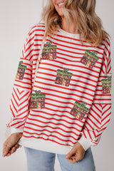 Orange Stripe Sequin Christmas Gift Patched Drop Shoulder Sweatshirt