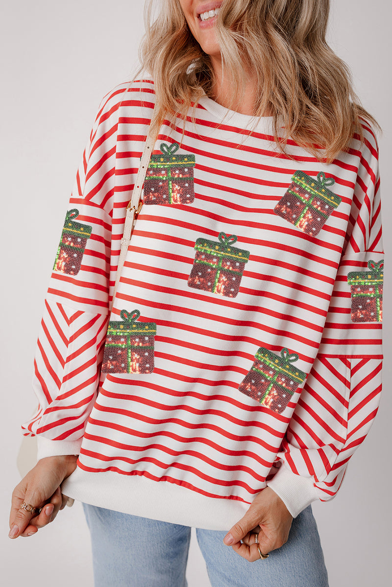 Orange Stripe Sequin Christmas Gift Patched Drop Shoulder Sweatshirt