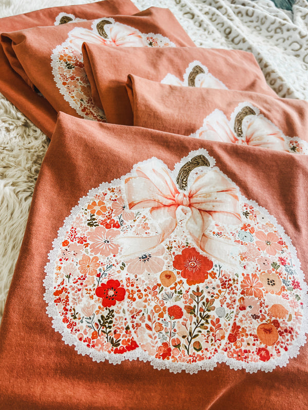 Fall-Fun Floral, lace Pumpkin tee