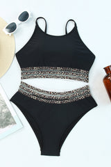 Rose Leopard Print Spaghetti Strap Padded Wireless Two Piece Swimsuit