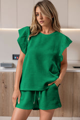 Black Textured Ruffle Sleeve Tee and Drawstring Shorts Set