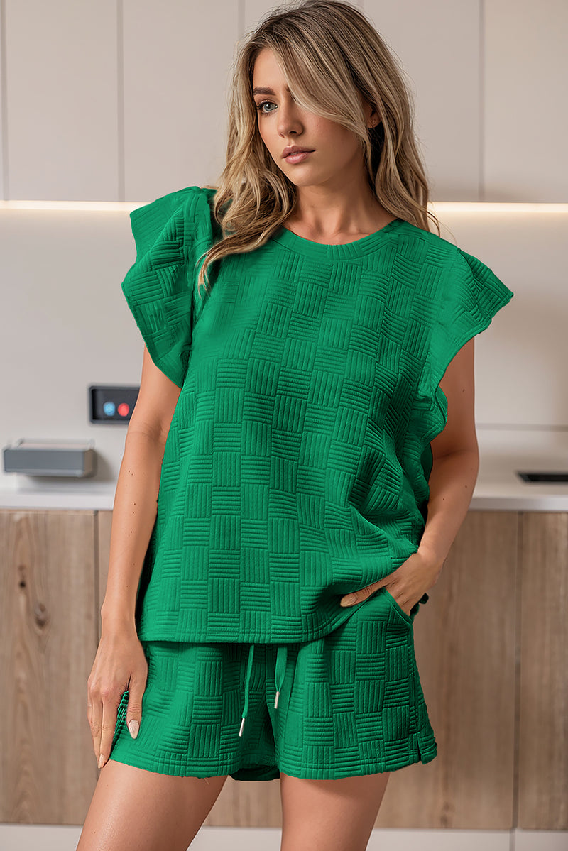 Black Textured Ruffle Sleeve Tee and Drawstring Shorts Set