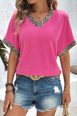 Bright Pink Leopard Patchwork Corded Texture V Neck T Shirt