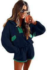 Black Colorblock Patchwork Half Button Pullover and Shorts Outfit