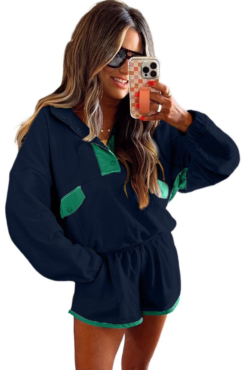 Black Colorblock Patchwork Half Button Pullover and Shorts Outfit