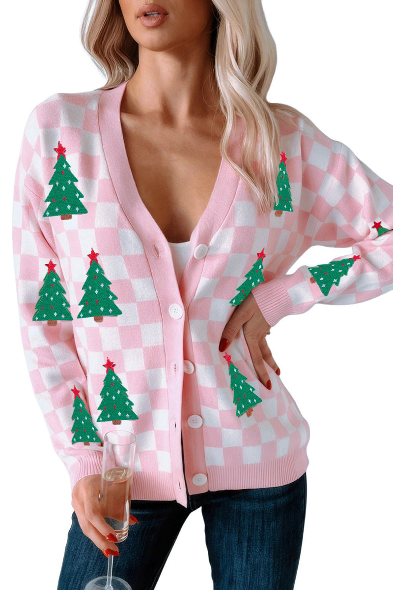 Pink Checkered Christmas Tree Pattern Button V Neck Knit Cardigan
