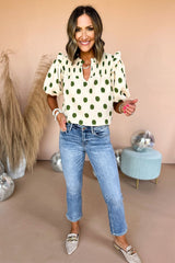 Apricot Polka Dot Print Smocked Notched Neck Balloon Sleeve Blouse