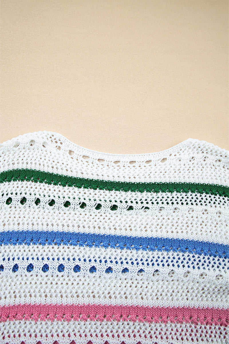 White Colorblock Striped Pointelle Knit Sweater
