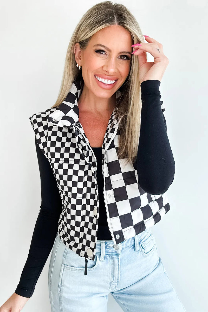 Brown Checkered Stand Collar Cropped Puffer Vest