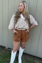 Brown Leaf Print Standing Collar Puff Sleeve Top