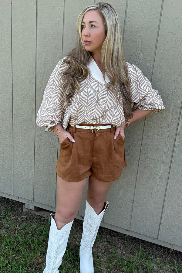 Brown Leaf Print Standing Collar Puff Sleeve Top