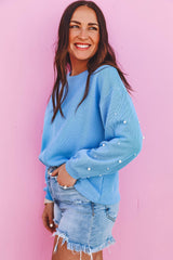Blossom Pearl Sleeves Ribbed Pullover Sweatshirt