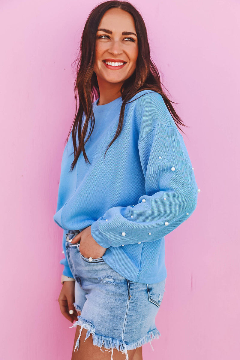 Blossom Pearl Sleeves Ribbed Pullover Sweatshirt