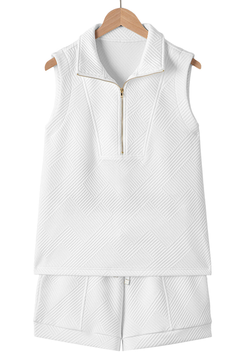 White Textured Half Zip Tank Top Drawstring Shorts Set