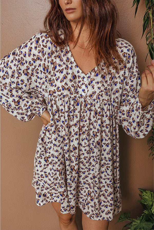 Multicolour Unique Leopard Print V Neck Button Detail Long Sleeve Mini Dress