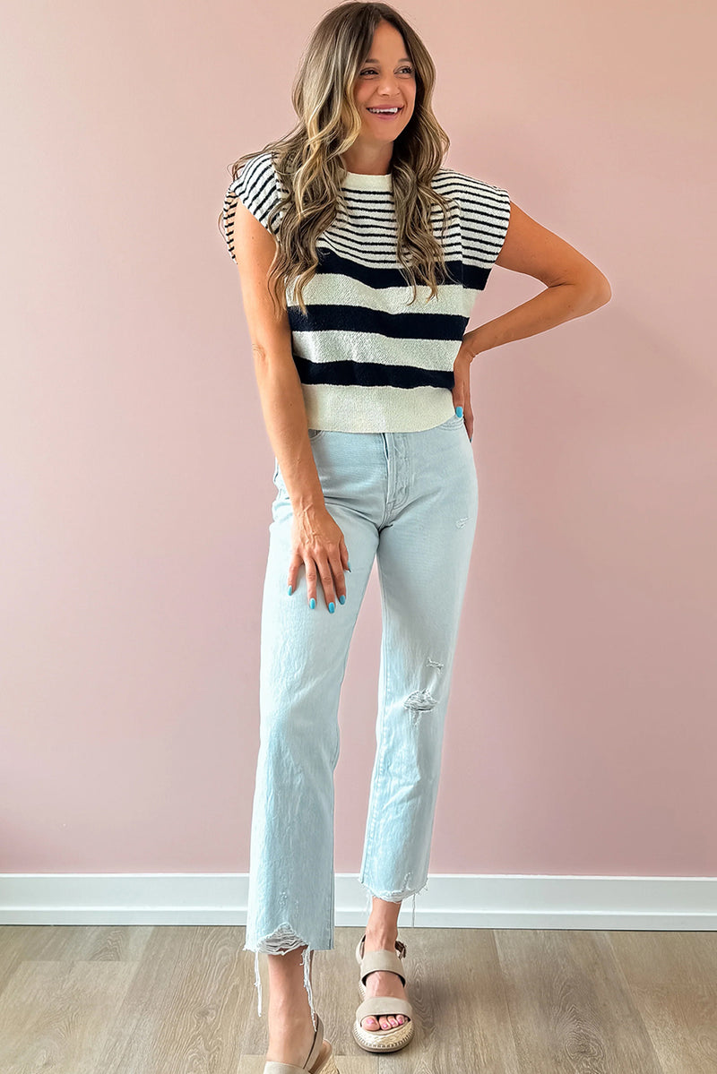 Black White Striped Sleeveless Knit Top