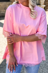 Pink Eyelash Floral Lace Patchwork Half Sleeve Oversize Tee