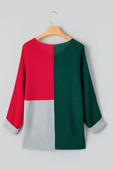 Chestnut Color Block Knit V Neck Loose Sweater