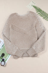 Light French Beige Striped Print Ribbed Knit Raglan Sleeve Baggy Sweater
