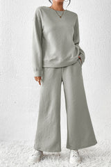 Dark Khaki Textured Loose Slouchy Long Sleeve Top and Pants Set