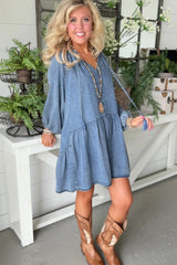 Myosotis Denim Puff Sleeve V Neck Ruffled Loose Mini Dress