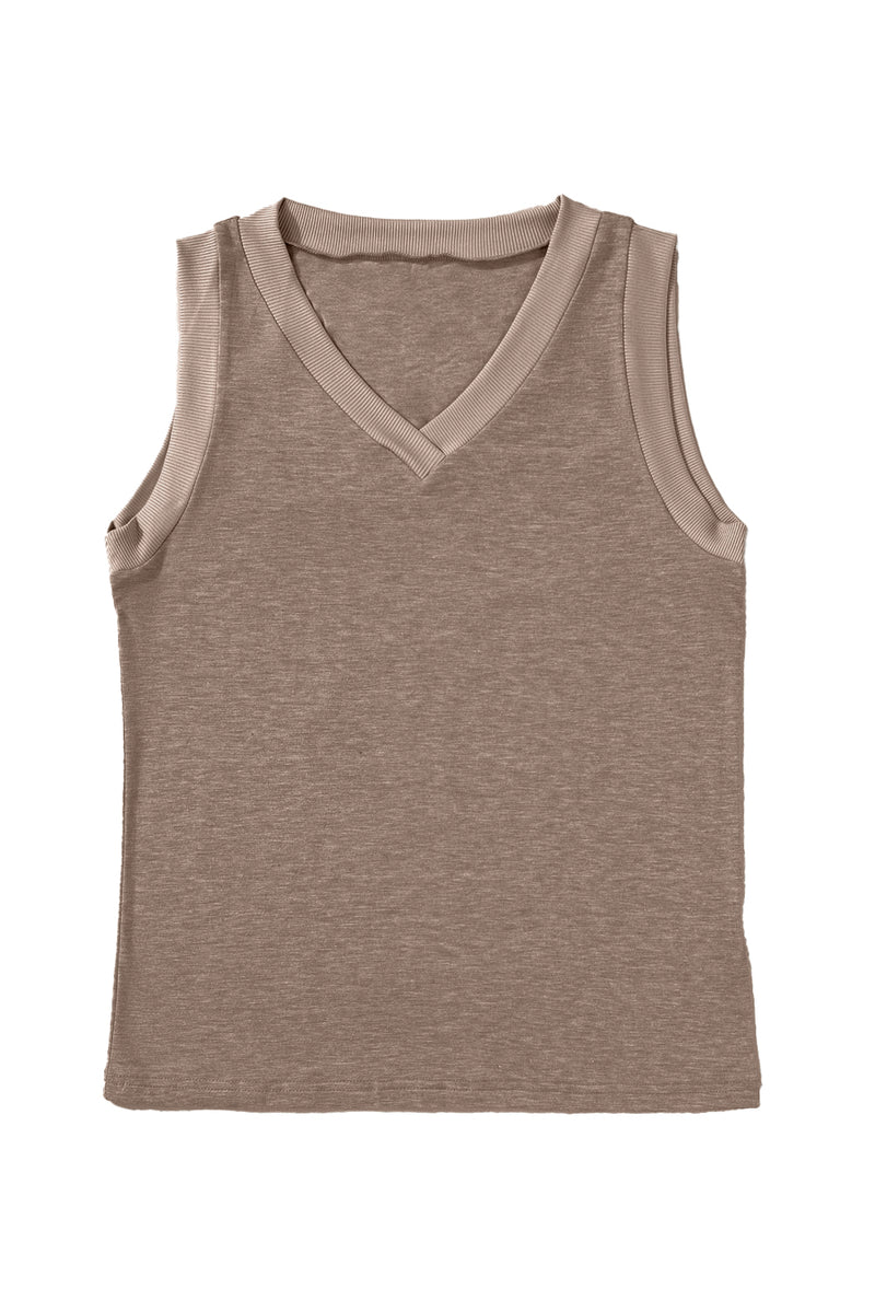 Simply Taupe Contrast Trim V-Neck Loose Fit Tank Top