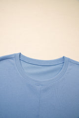 Sky Blue Solid Color Contrast Textured Patchwork Raw Edge 2pcs Short Set