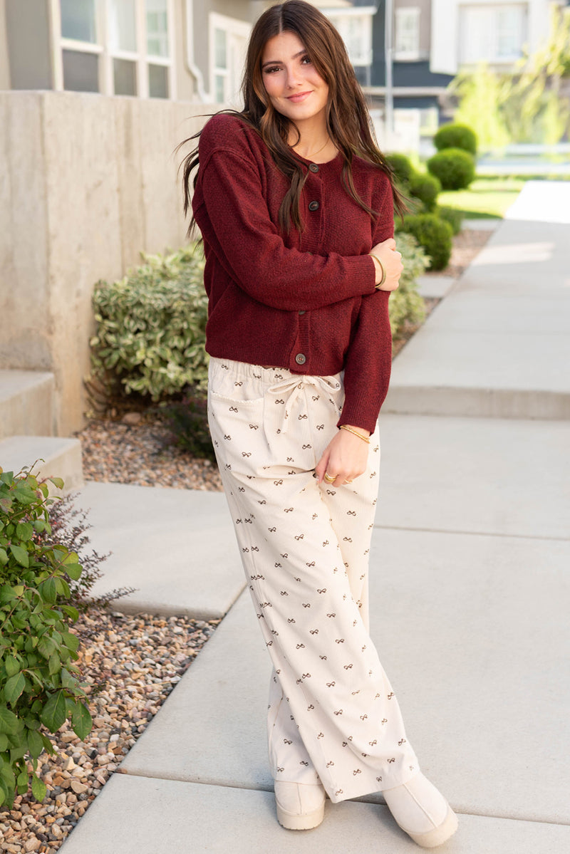 Apricot Bow Print Drawstring Elastic Waist Loose Corduroy Pants