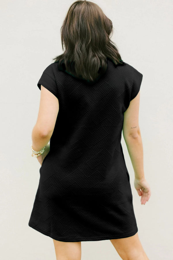 Black Plain Textured Pocketed Cap Sleeve Mini Dress