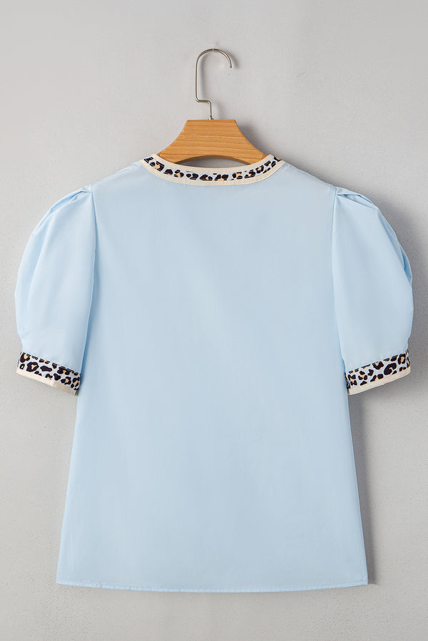 Beau Blue Sequin Baseball Set Contrast Leopard Trim Short Puff Sleeve Blouse