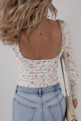 White Floral Print Slim Fit Square Neck Long Sleeve Top