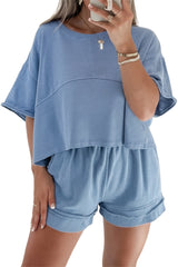 Sky Blue Solid Color Contrast Textured Patchwork Raw Edge 2pcs Short Set