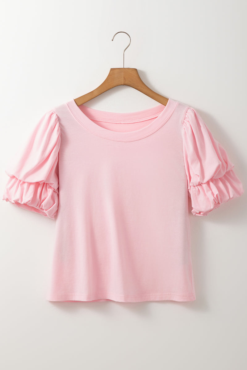 Light Pink Scoop Neck Puff Sleeve Blouse