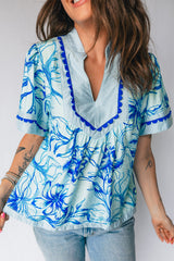 Sky Blue Ricrac Trim Slit V Neck Short Sleeve Floral Blouse