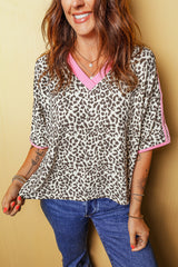 White Contrast V Neck Varsity Short Sleeve Leopard Top