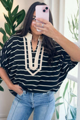 Black Stripe Stand Collar V Neck Elastic Cuffs Half Sleeve Dolman Top