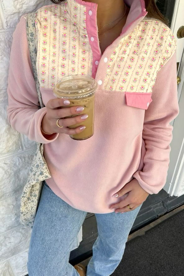 Light Pink Polar Fleece Floral Print Button Collar Sweatshirt
