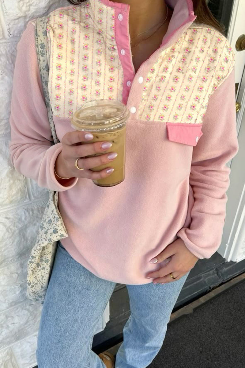 Light Pink Polar Fleece Floral Print Button Collar Sweatshirt