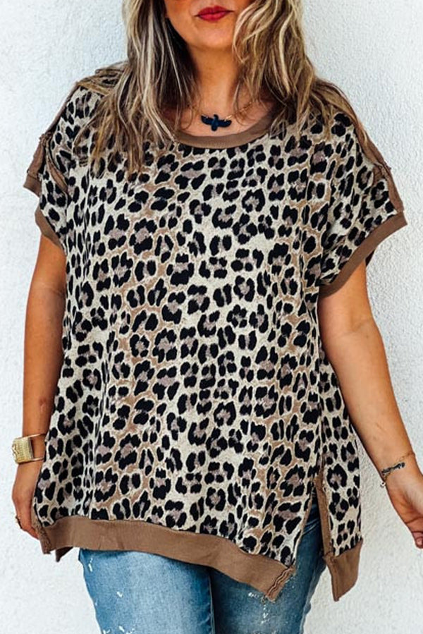 Khaki Leopard Contrast Trim Short Sleeve Loose Plus Size Top
