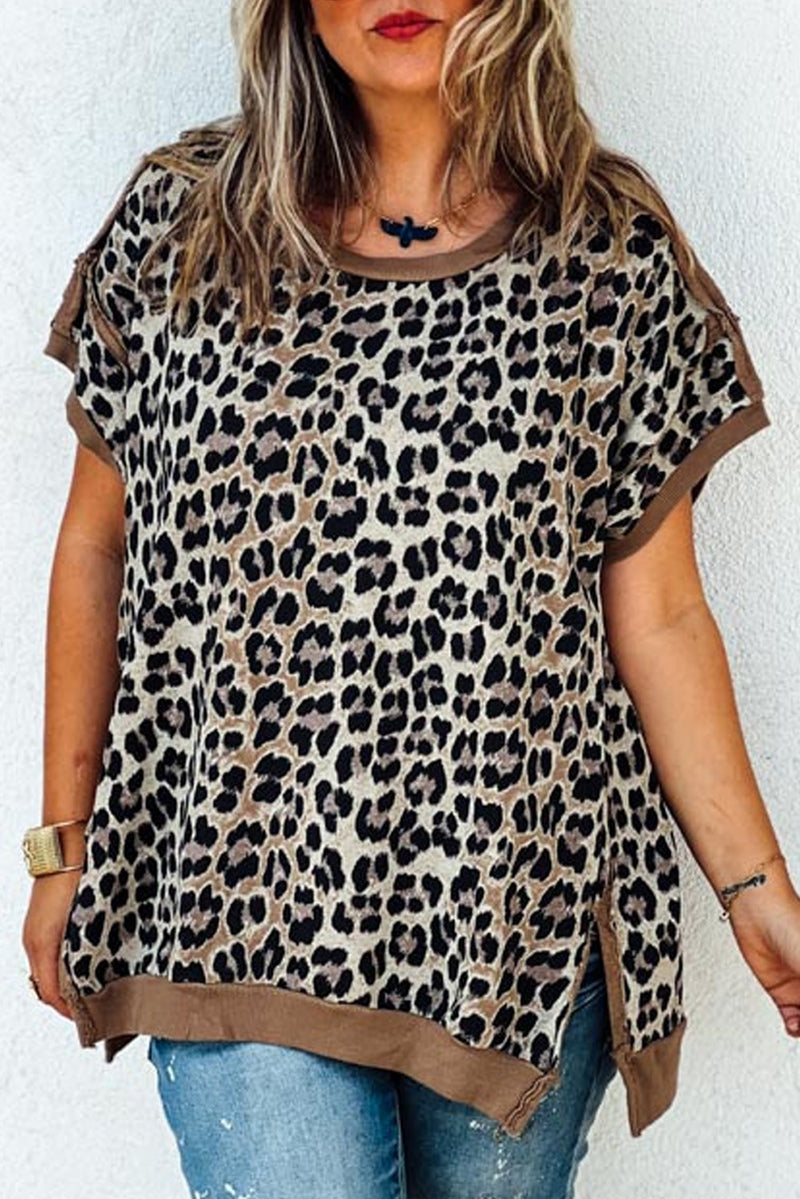 Khaki Leopard Contrast Trim Short Sleeve Loose Plus Size Top