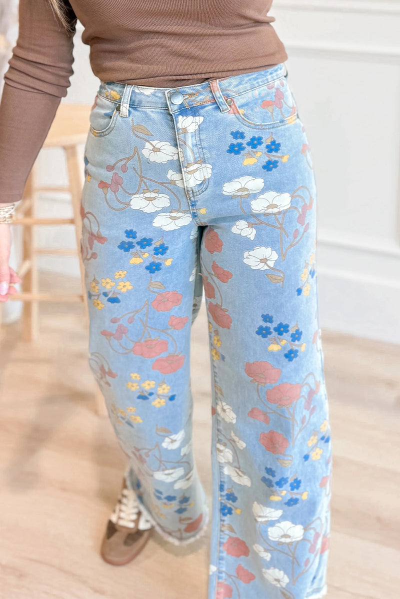 Sky Blue Floral Printed Raw Hem Shift Jeans