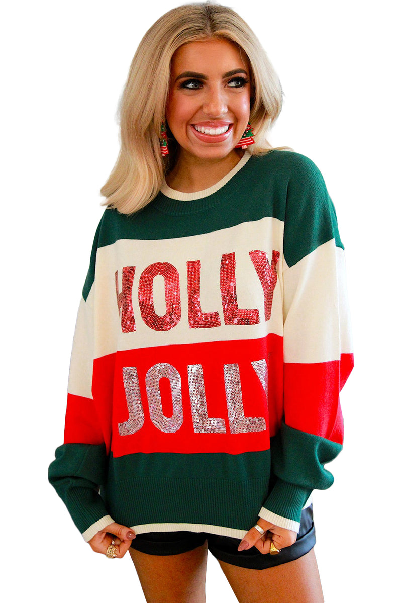 Pink HOLLY JOLLY Sequined Color Block Crew Neck Sweater